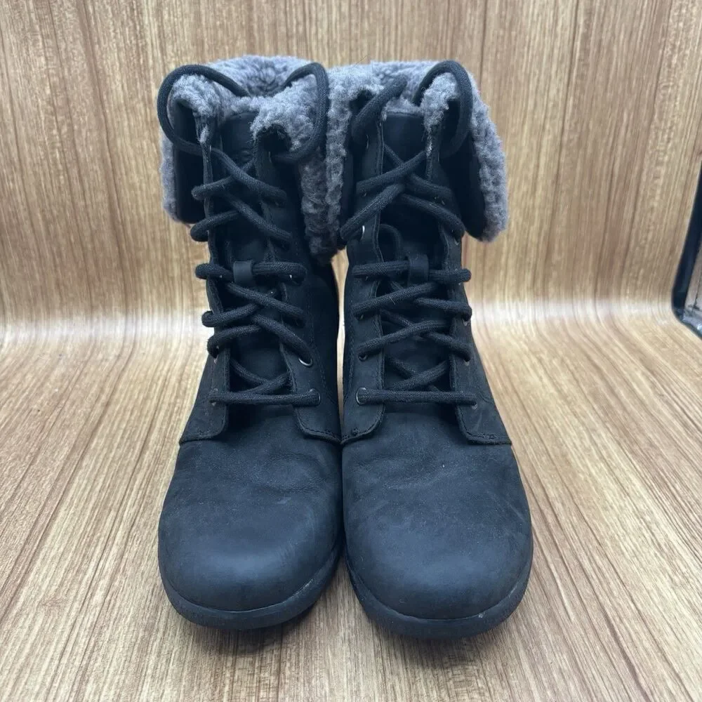 UGG Zea Waterproof Black Leather Gray Shearling Wedge‎ Heel Lace-Up Boots SIZE 8